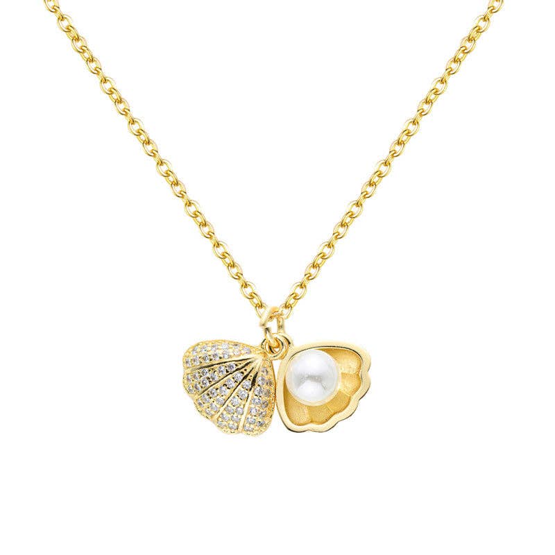 Dainty Seashell Pearl Pendant Necklace in Stainless Steel: Gold / With Chain