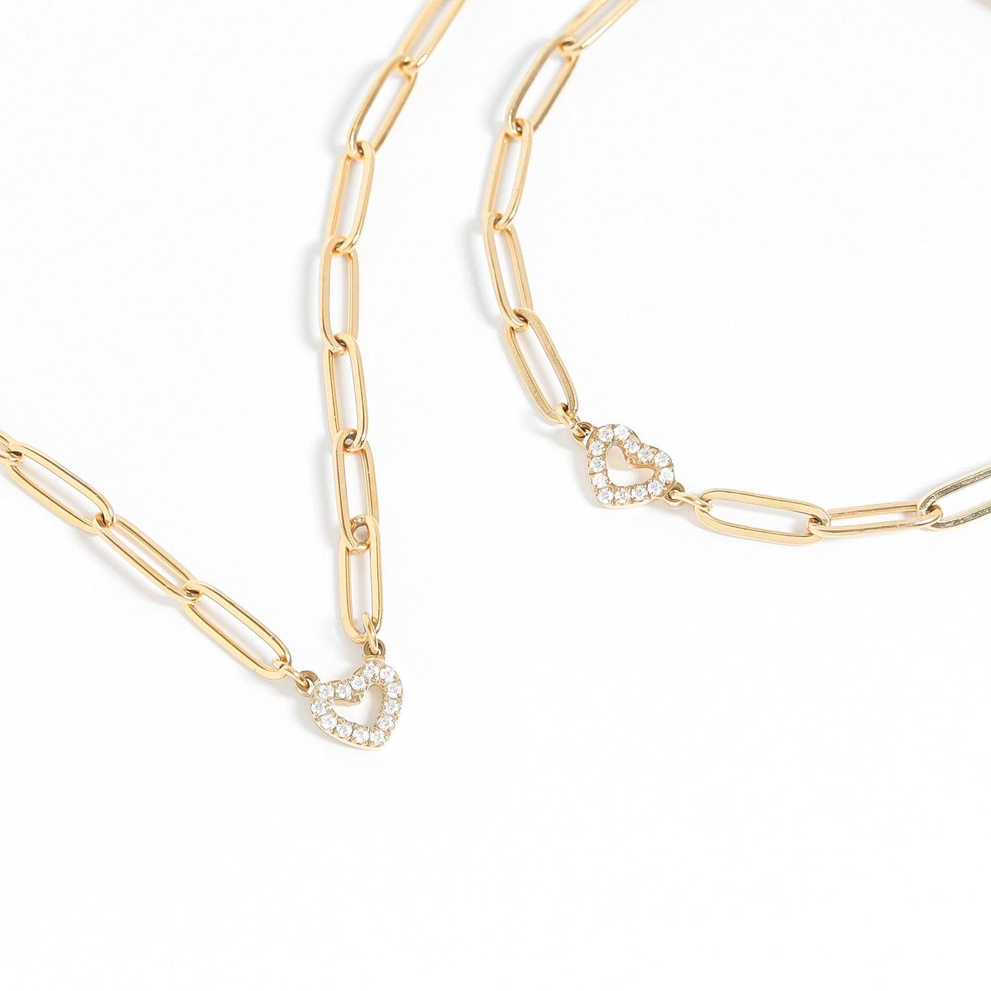 18K Gold PVD Stainless Steel Stone Heart Paperclip Chain Set: Gold