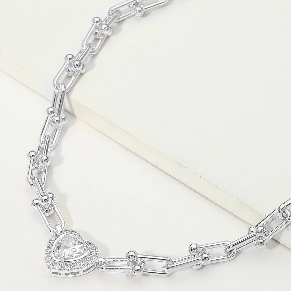 14K Gold Plated Heart CZ Stone Accent Industrial Link Chain Necklace: Rhodium