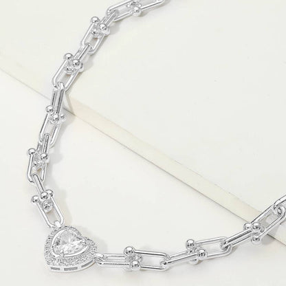 14K Gold Plated Heart CZ Stone Accent Industrial Link Chain Necklace: Rhodium