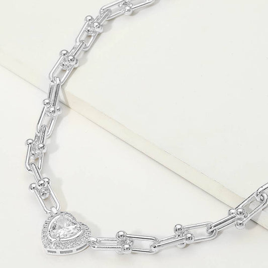 14K Gold Plated Heart CZ Stone Accent Industrial Link Chain Necklace: Rhodium