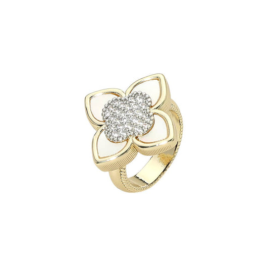 14K Gold Plated CZ Pave Center Mother of Pearl Floral Statement Ring: 6