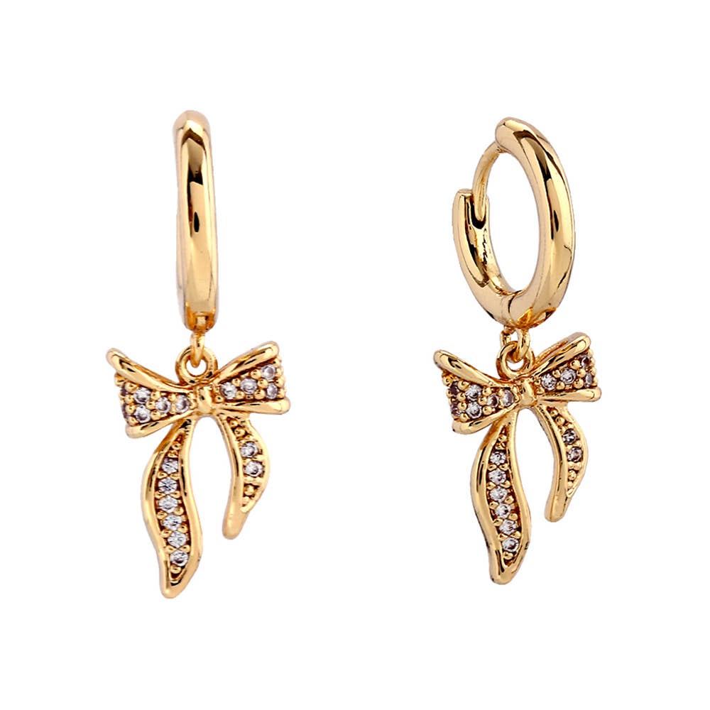 Gold Dipped CZ Stone Paved Boutique Ribbon Huggie Earrings: Gold