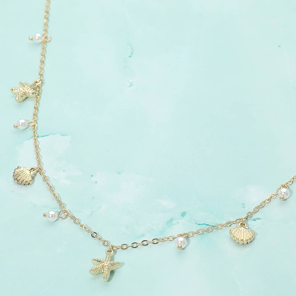 Starfish Shell PEarl Charm Station Necklace: Gold