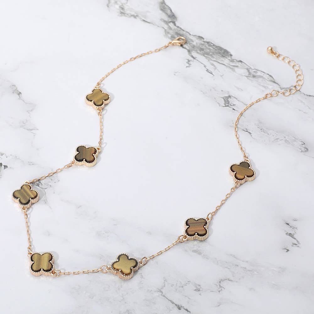 Quatrefoil Stone Station Necklace: Brown,Gold