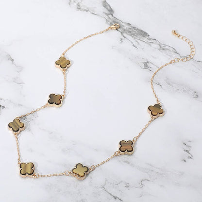 Quatrefoil Stone Station Necklace: Brown,Gold