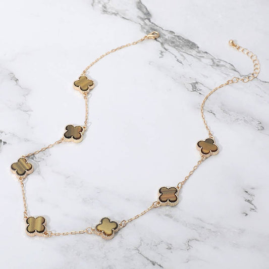 Quatrefoil Stone Station Necklace: Brown,Gold