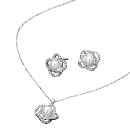 Stainless Steel Pearl Accent Stone Pave Flower Pendant Necklace: Rhodium