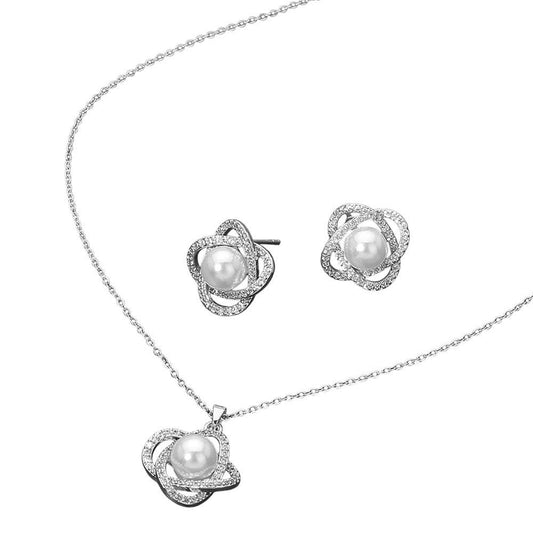 Stainless Steel Pearl Accent Stone Pave Flower Pendant Necklace: Rhodium