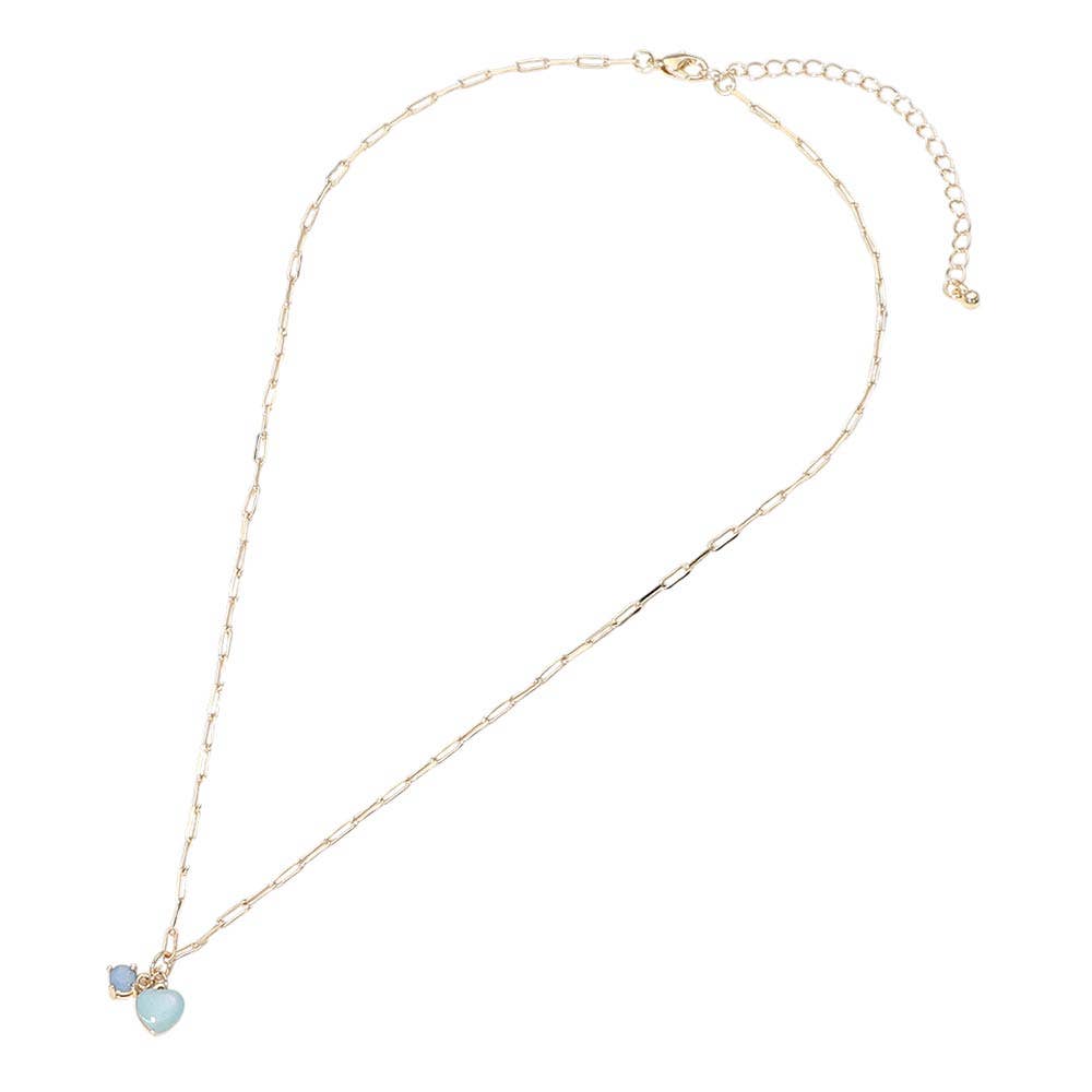 Heart Stone Charm Pendant Paperclip Chain Necklace: Blue,Gold