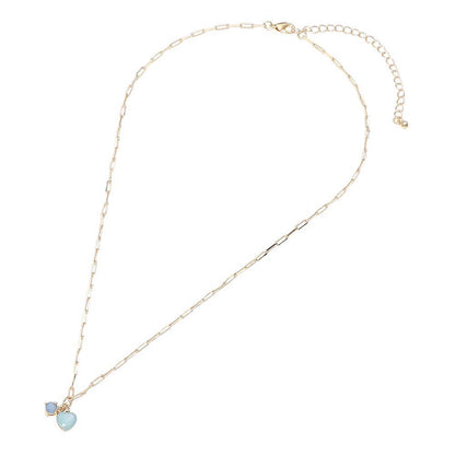 Heart Stone Charm Pendant Paperclip Chain Necklace: Blue,Gold