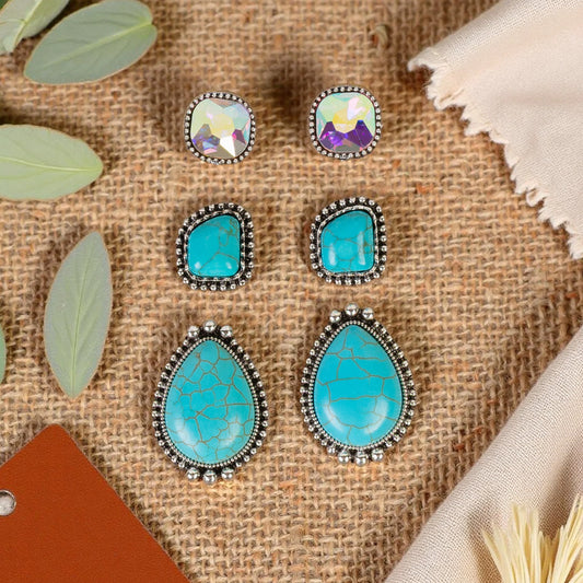 Squash Blossom Stud Earring Set - Turquoise & Silver