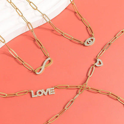 18K Gold PVD Stainless Steel Stone Heart Paperclip Chain Set: Gold