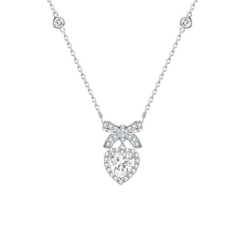 Bow Tie Bowknot Pink Heart Charm Necklace in Solid Copper: White