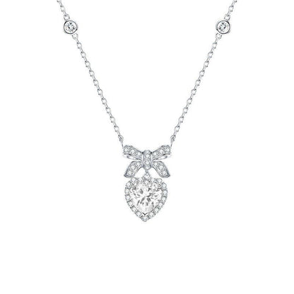 Bow Tie Bowknot Pink Heart Charm Necklace in Solid Copper: White