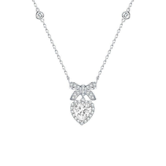 Bow Tie Bowknot Pink Heart Charm Necklace in Solid Copper: White