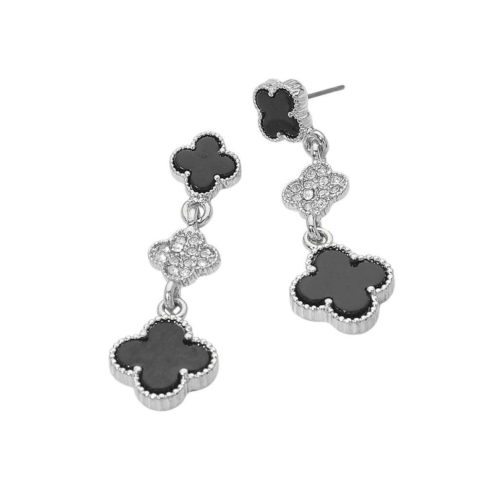 Triple Quatrefoil Drop Earrings: Black,Rhodium