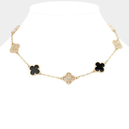 Stone Paved Natural Stone Quatrefoil Station Necklace: Black