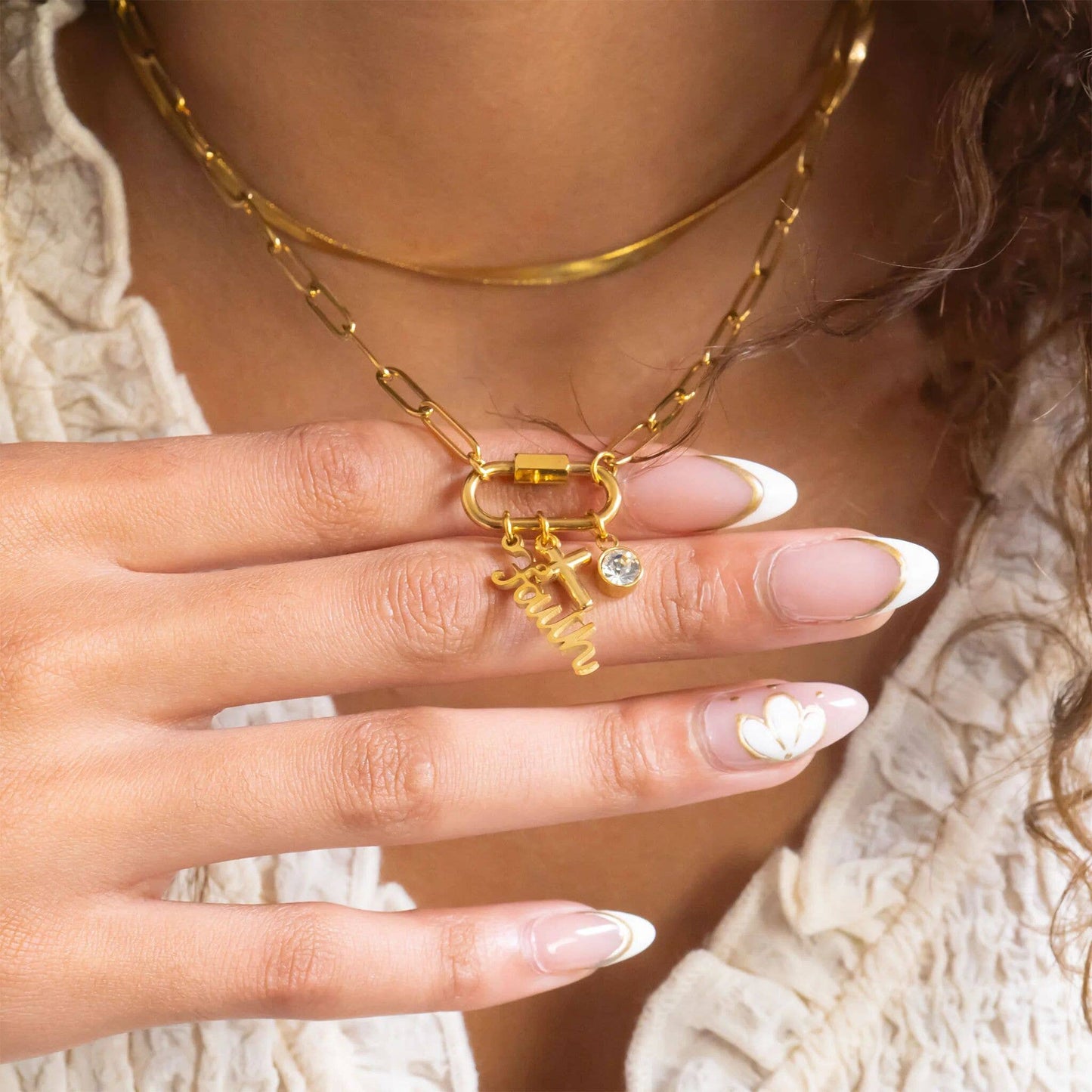 18K Gold PVD Stainless Steel Cross Carabiner Charm Necklace: Gold