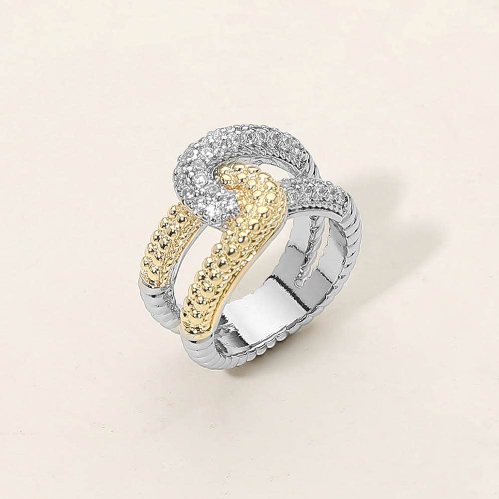 Two Tone CZ Pave Twisted Crossover Ring: 9