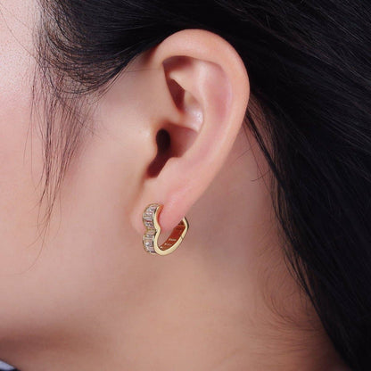 14K Gold Filled 15mm Clear Baguette Lined Heart Huggie Earrings | AE918