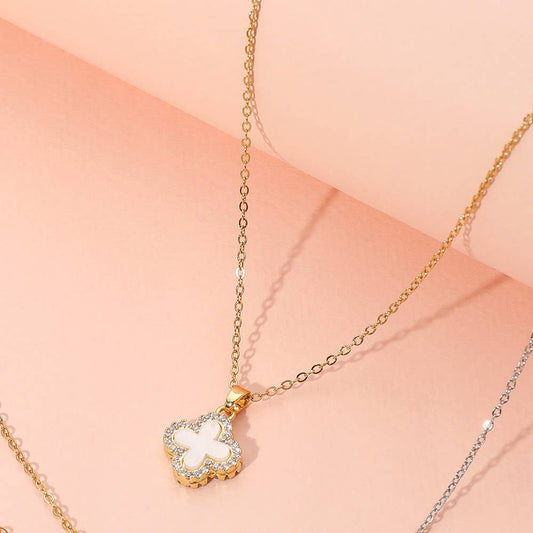 Reversible Stainless Steel Quatrefoil Pendant Necklace: GOLD WHITE