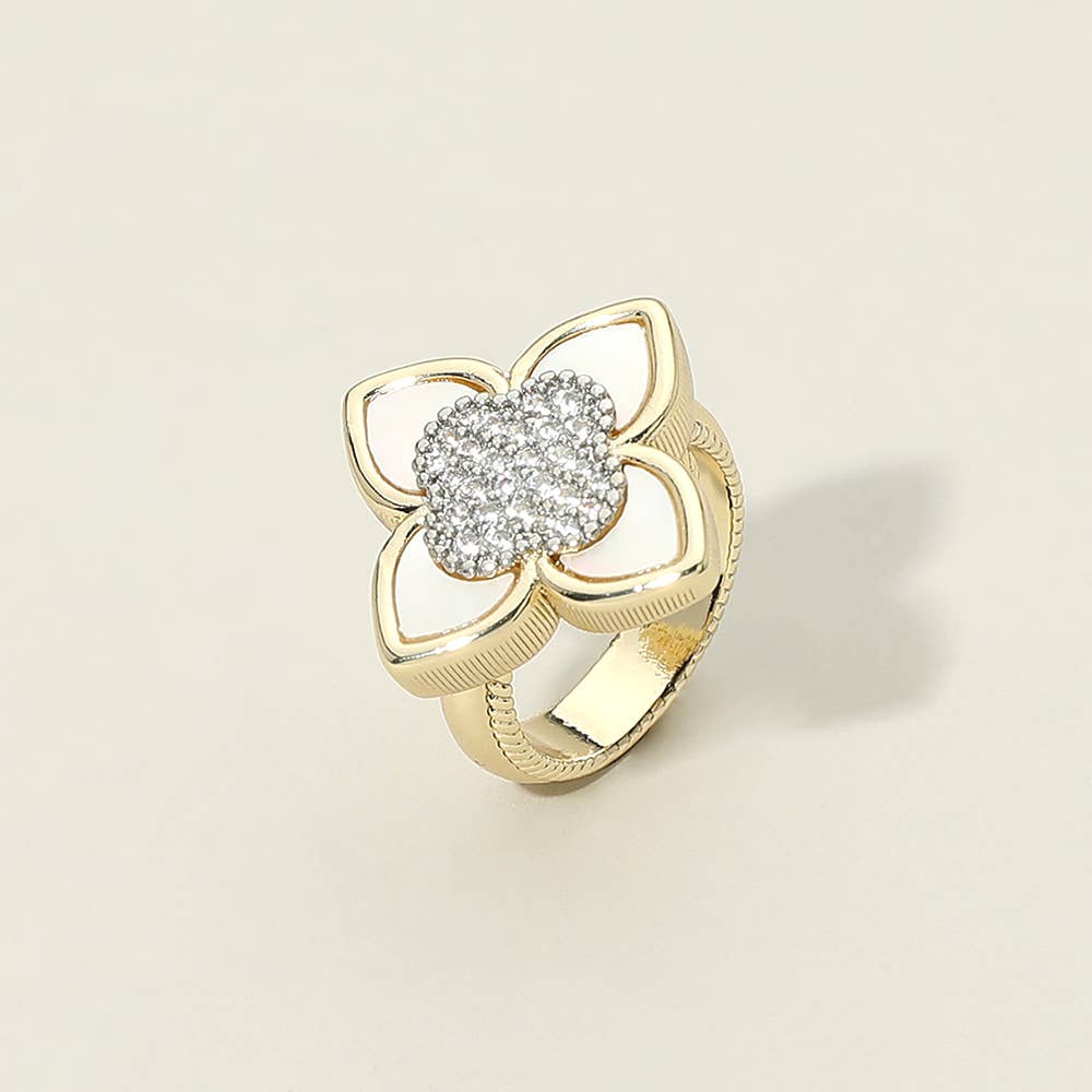 14K Gold Plated CZ Pave Center Mother of Pearl Floral Statement Ring: 6