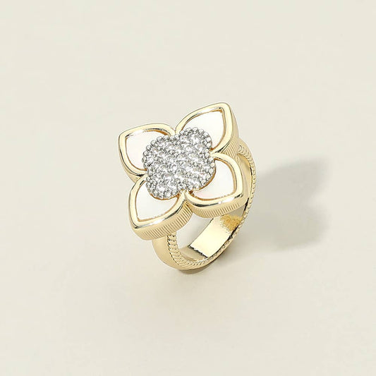 14K Gold Plated CZ Pave Center Mother of Pearl Floral Statement Ring: 6