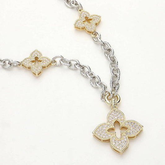 14K Gold Plated CZ Paved Clover Pendant Station Necklace: PAVE CLEAR