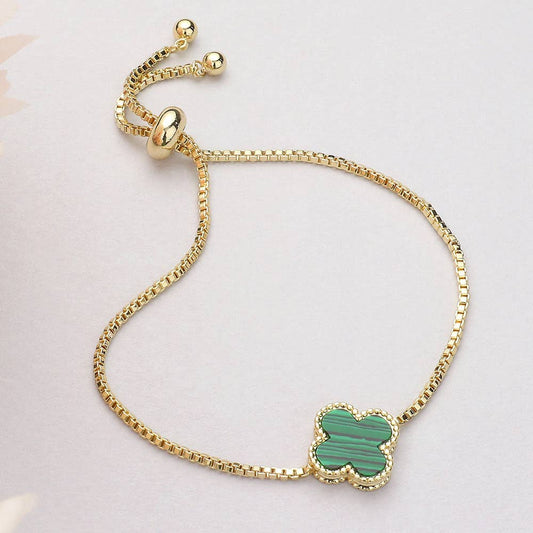 Natural Stone Quatrefoil Cluster Pointed Adjustable Bracelet: Green