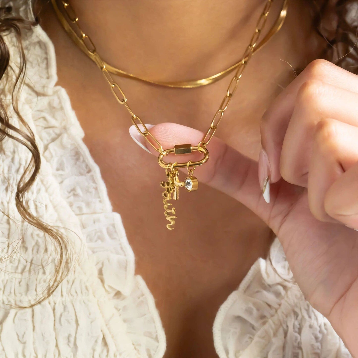 18K Gold PVD Stainless Steel Cross Carabiner Charm Necklace: Gold