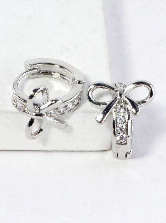 CZ Pave Polished Ribbon Bow Huggie Hoop Earrings: Rhodium Clear