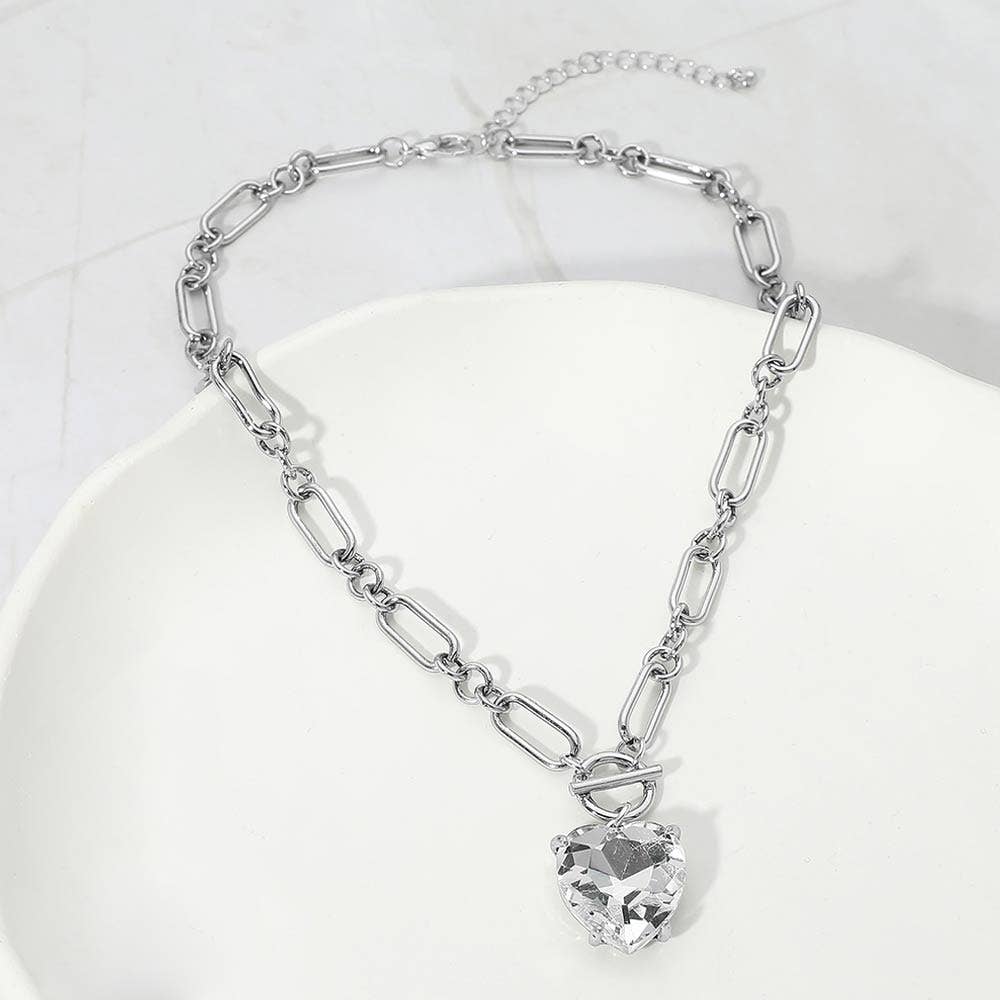 Chunky Heart Stone Cluster Toggle Pendant Necklace: Antique Silver,Clear