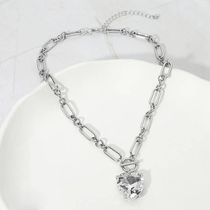 Chunky Heart Stone Cluster Toggle Pendant Necklace: Antique Silver,Clear