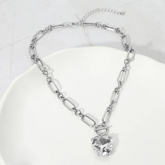 Chunky Heart Stone Cluster Toggle Pendant Necklace: Antique Silver,Clear