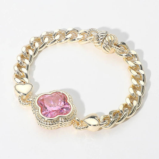 14K Gold Plated CZ Quatrefoil Stone Pointed Magnetic Bracele: Pink