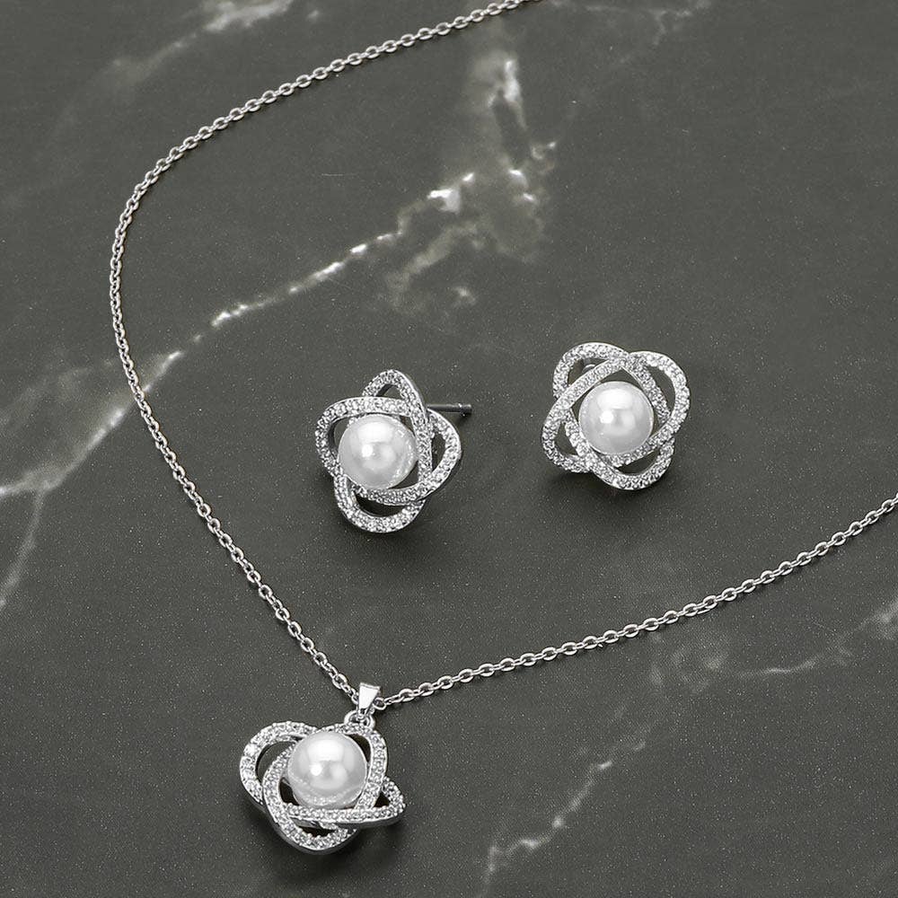 Stainless Steel Pearl Accent Stone Pave Flower Pendant Necklace: Rhodium