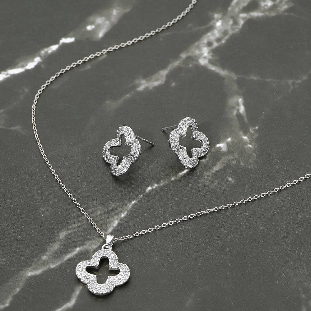Stainless Steel Stone Pave Open Quatrefoil Pendant Necklace: Rhodium