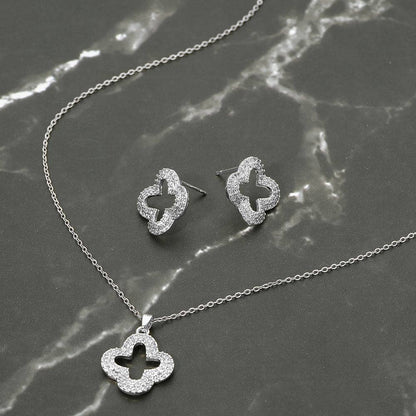 Stainless Steel Stone Pave Open Quatrefoil Pendant Necklace: Rhodium