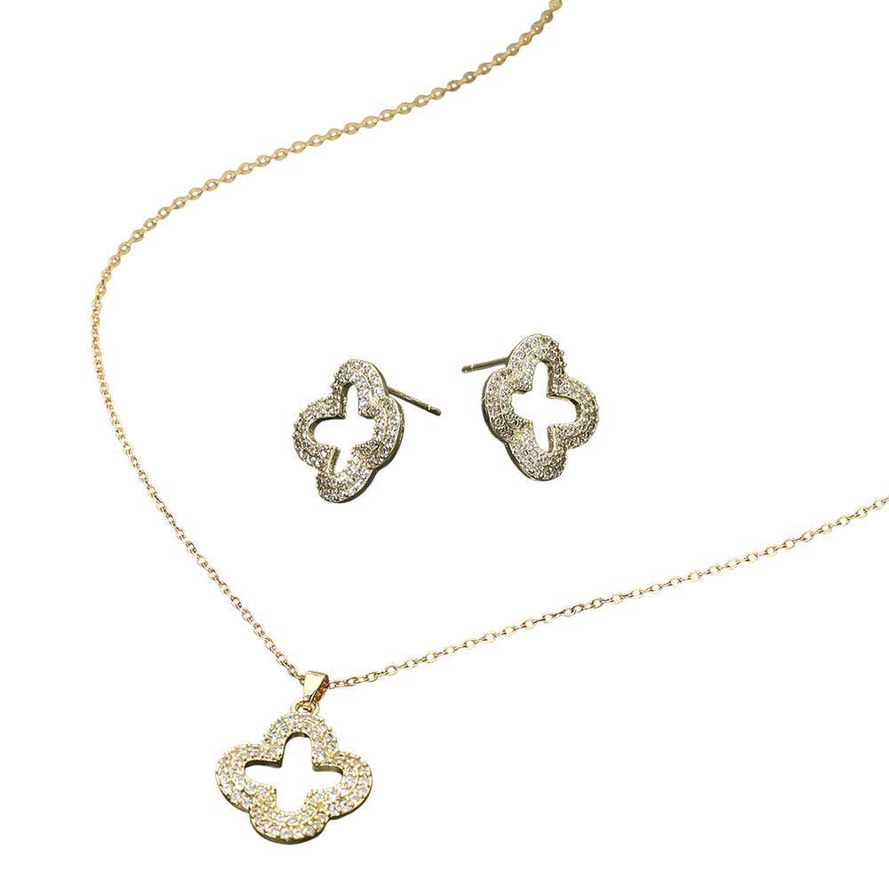Stainless Steel Stone Pave Open Quatrefoil Pendant Necklace: Gold