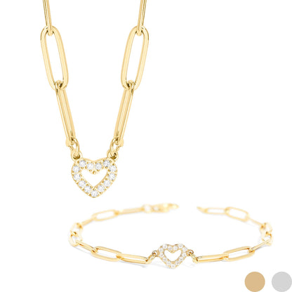 18K Gold PVD Stainless Steel Stone Heart Paperclip Chain Set: Gold
