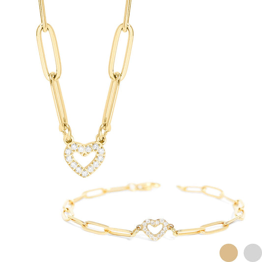 18K Gold PVD Stainless Steel Stone Heart Paperclip Chain Set: Gold