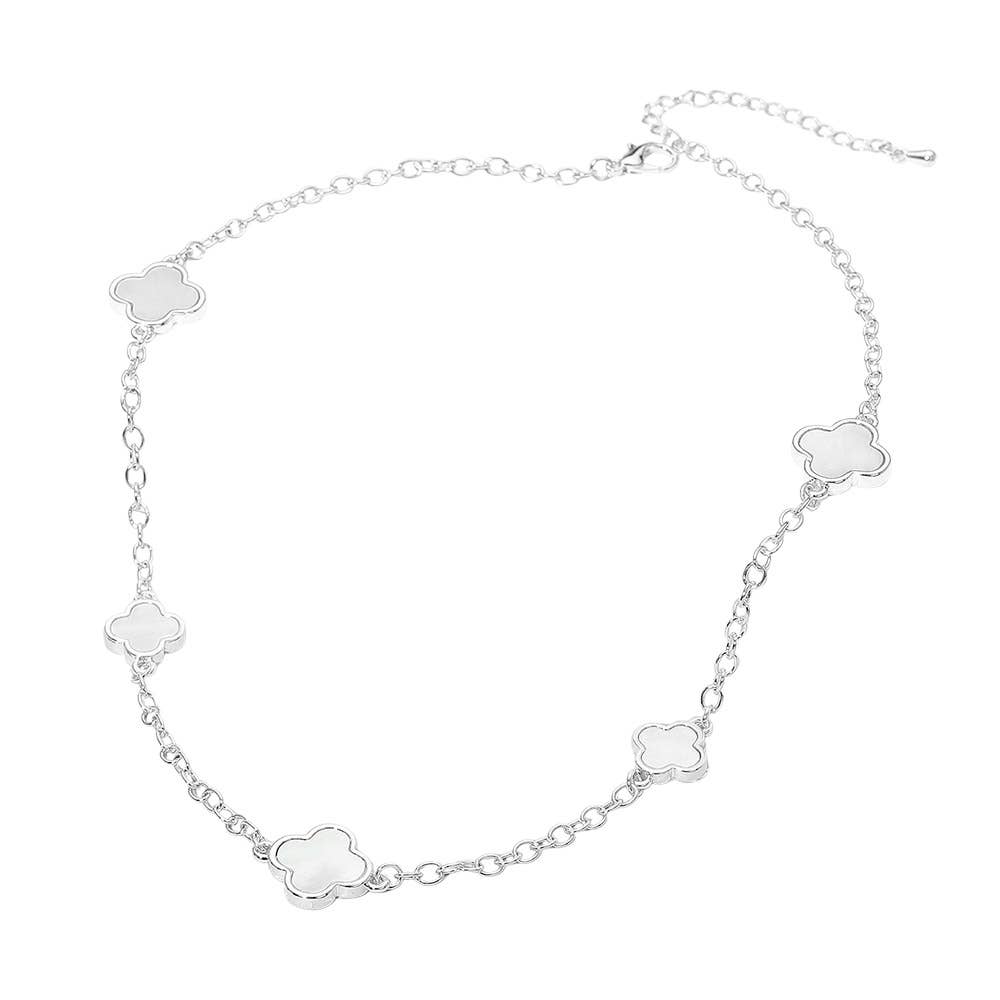 14K Gold Plated Mother of Pearl Quatrefoil Motif Station Necklace: Mother of Pearl,Rhodium