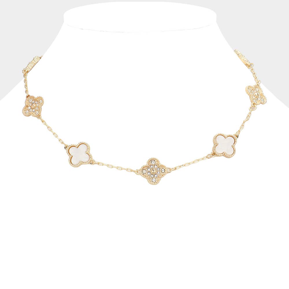 Stone Paved Natural Stone Quatrefoil Station Necklace: White