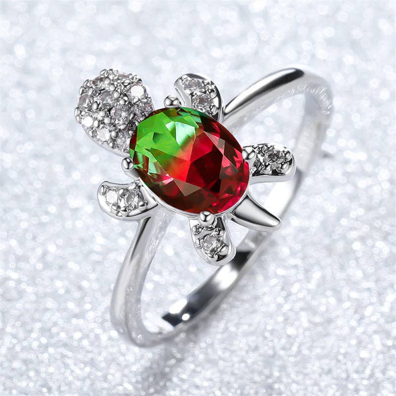 Colored Stone Sea Turtle Statement Ring in Solid Copper: 6 US / Rainbow