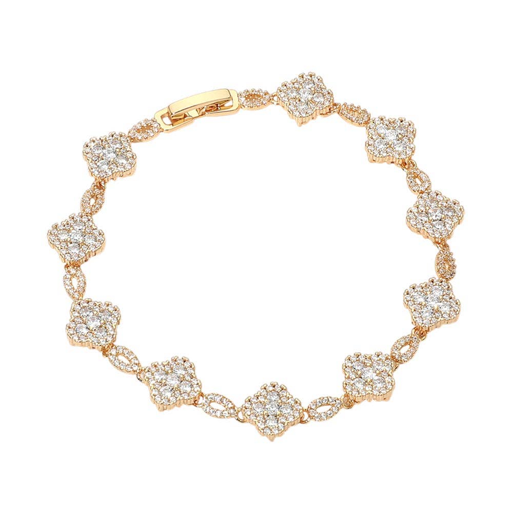 14K Gold Plated CZ Pave Quatrefoil Link Bracelet: Gold