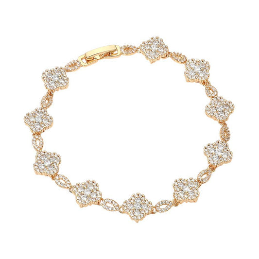 14K Gold Plated CZ Pave Quatrefoil Link Bracelet: Gold