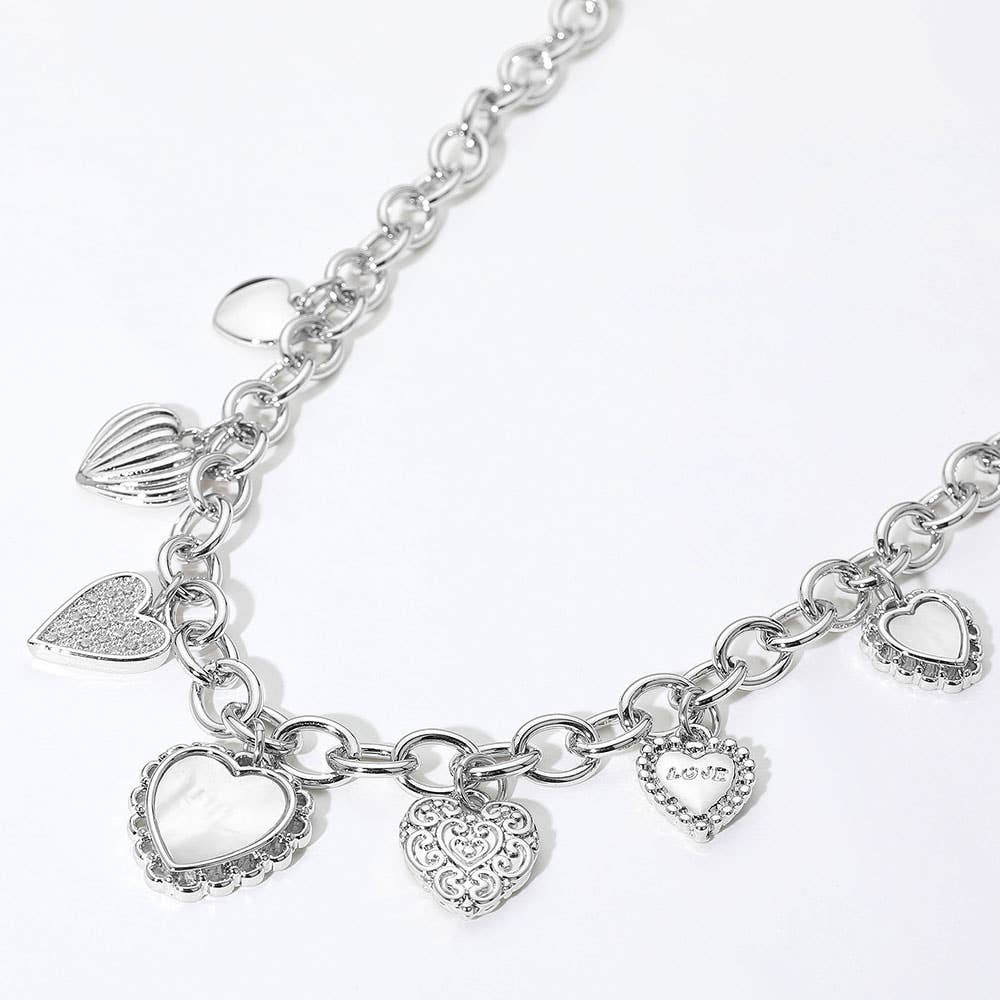 14K Gold Plated CZ Mother of Pearl Heart Charm Necklace: Silver