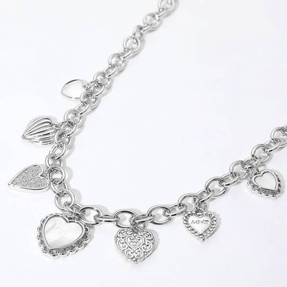 14K Gold Plated CZ Mother of Pearl Heart Charm Necklace: Silver