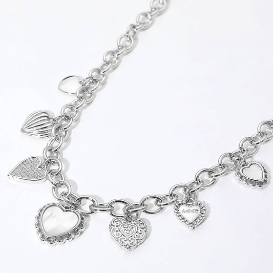 14K Gold Plated CZ Mother of Pearl Heart Charm Necklace: Silver
